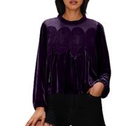 Dyhxuan Chemisier élégant en dentelle patchwork pour femme - Plissé - Col rond - En velours - Manches longues - Pour fête festive, Violet, M
