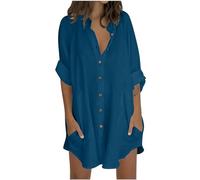 Dyhxuan Chemisier en mousseline pour femme - Coton et lin - Manches longues - Bouton Down - Col montant - Élégante - Couleur unie - Manches longues - Chemise en lin - Chemise d'été - Automne