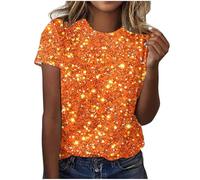 Dyhxuan Haut à paillettes pour femme - Imprimé 3D à paillettes - T-shirt à manches courtes - Col rond - Vintage - Tenue du Nouvel An - Tunique - Costume de carnaval - Chemisier pour rave, Orange, M