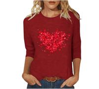 Dyhxuan Hauts de Saint-Valentin pour femmes Motif cœur Manches 3/4 T-shirt Grandes tailles Col rond T-shirt décontracté à manches trois-quarts Hauts festifs Chemisiers pour femmes, rouge, M