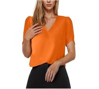Dyhxuan Hauts en satin pour femme - Couleur unie - Léger - Manches courtes - Élégant - Col en V - Décontracté - Manches bouffantes - Soyeux et confortable - T-shirt exquis, Orange, S