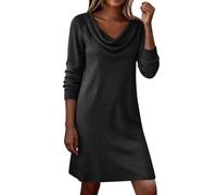 Dyhxuan Robe élégante pour femme - Col cascade - Longueur genou - Manches longues - Couleur unie - Robe pull tendance - Robe d'hiver, Noir , S
