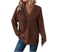 Dyhxuan Sweat à capuche pour femme - Pull gaufré - Boutons - Col en V - Sweat à capuche - Couleur unie - Manches longues - Décontracté - Streetwear - Hauts pour l'automne - S-3XL, café, XL