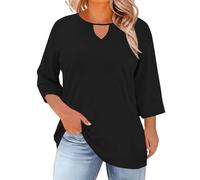 Dyhxuan T-shirt à manches 3/4 pour femme - Col rond - Couleur unie - Manches trois-quarts - Grandes tailles - Pull décontracté - Printemps Été, Noir , XXL