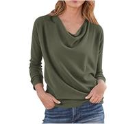 Dyhxuan T-shirt à manches longues pour femme - Élégant - Col cascade - Couleur unie - Manches longues - T-shirt basique décontracté - Pull polyvalent à manches longues pour femme, Vert armée., XL