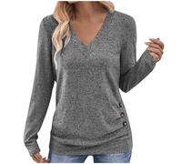 Dyhxuan T-shirt à manches longues pour femme - Élégant - Col en V - Chemisier basique à manches longues - Couleur unie - Coupe droite - Tunique décontractée - Manches longues - Avec boutons décoratifs