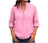 Dyhxuan T-shirt à manches longues pour femme en coton et lin - Col en V - Boutons - Col montant - Couleur unie - Chemisier décontracté à manches longues, Rose, M