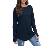 Dyhxuan T-shirt à manches longues pour femme - Pull long en coton avec trou pour le pouce - Simple - Couleur unie - Chemisier à manches longues - Chemisier décontracté à col rond - Chemisier long -