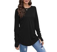 Dyhxuan T-shirt à manches longues pour femme - Pull long en coton avec trou pour le pouce - Simple - Couleur unie - Chemisier à manches longues - Chemisier décontracté à col rond - Chemisier long -