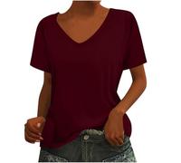 Dyhxuan T-shirt basique pour femme - T-shirt à manches courtes - Couleur unie - Col en V - Élégant - Décontracté - Léger et respirant - T-shirt d'été - Hauts en coton doux - Pull long, Bordeaux, M