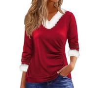 Dyhxuan T-shirt de Noël pour femme - En peluche - Patchwork - Élégant - Col en V - Manches longues - Tunique de Noël - Hauts festifs - Décontracté - Pull de Noël, rouge, S