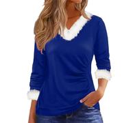 Dyhxuan T-shirt de Noël pour femme - En peluche - Patchwork - Élégant - Col en V - Manches longues - Tunique de Noël - Hauts festifs - Décontracté - Pull de Noël, bleu, S