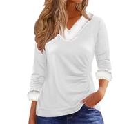 Dyhxuan T-shirt de Noël pour femme - En peluche - Patchwork - Élégant - Col en V - Manches longues - Tunique de Noël - Hauts festifs - Décontracté - Pull de Noël, Blanc., XL