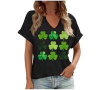 Dyhxuan T-shirt pour femme avec imprimé trèfle à quatre feuilles porte-bonheur - Col en V - Manches courtes - T-shirt irlandais festif basique décontracté, Noir , 3XL