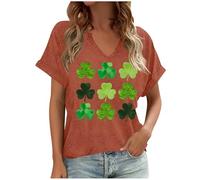 Dyhxuan T-shirt pour femme avec imprimé trèfle à quatre feuilles porte-bonheur - Col en V - Manches courtes - T-shirt irlandais festif basique décontracté, Orange, M