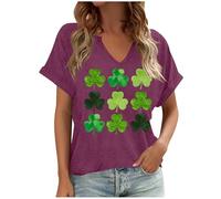 Dyhxuan T-shirt pour femme avec imprimé trèfle à quatre feuilles porte-bonheur - Col en V - Manches courtes - T-shirt irlandais festif basique décontracté, Violet, S