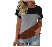 Dyhxuan T-shirt pour femme tendance bloc de couleurs - Manches courtes - Col rond - En coton - Décontracté - Confortable - Pour l'été - Tendance - Streetwear - Polyvalent, marron, XL