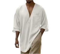 Dyhxuan T-shirt surdimensionné pour homme - Manches mi-longues - Couleur unie - En coton - Col en V - Décontracté - Décontracté - Léger - Pour l'été, la plage, les vacances, Blanc., XL