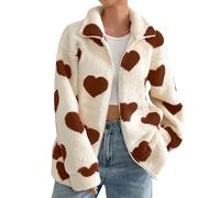 Dyhxuan Veste polaire pour femme - Fermeture éclair intégrale - Veste en peluche à manches longues - Veste élégante avec motif cœur - Manteau polaire doux et confortable, café, S