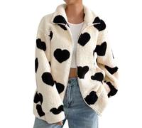 Dyhxuan Veste polaire pour femme - Fermeture éclair intégrale - Veste en peluche à manches longues - Veste élégante avec motif cœur - Manteau polaire doux et confortable, Noir , XL