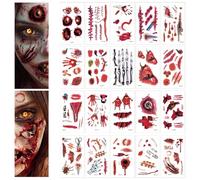 DYIOTF 20 Feuilles Tatouage Temporaire Halloween, Cicatrices et Blessures Réalistes, Maquillage FX Horreur pour Zombie et Vampire, Tatouage Éphémère Étanche pour Visage et Corps, 20 Designs Variés