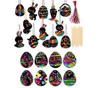 Dyiouxin Carte a Gratter Pâques,Carte a Gratter Enfant,24pcs Dessin a Gratter,Scratch Art,Carte à Gratter Oeuf Lapin Carotte,DIY Cadeaux Artisanaux avec Bâtonnets en Bois et Ruban Coloré