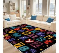 Dyjuaa Alphabet ABC Tapis Antidérapant Doux Poils Ras 200 x 200 cm, Chiffres Colorée Grand Tapis Salon Lavable en Machine Étoile Moquette Chambre Ado, Tapis Salle à Manger