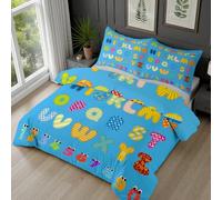 Dyjuaa Alphabet Bleu Housse de Couette 240x260 cm Microfibre Nombre Dessin Animé Parure de lit avec Fermeture éclair et 2 Taie d'oreiller 65x65 cm Rayures à Pois Literie Réversible 3 Pièces