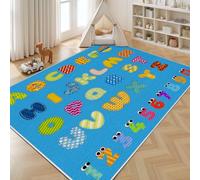Dyjuaa Alphabet Bleu Tapis Antidérapant Doux Poils Ras 200 x 300 cm, Nombre Dessin Animé Grand Tapis Salon Lavable en Machine Rayures à Pois Carpet Chambre Ado, Tapis Salle à Manger
