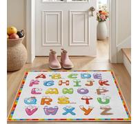 Dyjuaa Alphabet Paillasson Entrée Intérieur 60x90 cm, Lettres Dessin Animé Tapis Lavable en Machine Antidérapant Rugs Carré Arc-en-Ciel Carpet Doux pour Cuisine Porte et Couloir