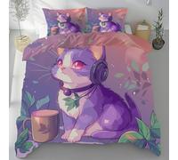 Dyjuaa Chat Kawaii Housse de Couette Adulte Été Chaton Dessin Animé Housse Couette 160x200 et 2 Taie d'oreiller 65x65 cm Parure de lit Microfibre avec Fermeture éclair