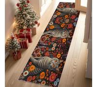 Dyjuaa Chat Mignon Tapis Cuisine Devant Evier Lavable Fleur Bohême Descente de Lit Antidérapant 60x180 cm Tapis de Passage pour Couloir, Passage, Chambre à Coucher, Salon