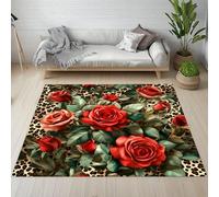 Dyjuaa Imprimé Léopard Tapis Salon 160 x 200 cm Rose Rouge Romantique Tapis Chambre d'enfant Lavable en Machine Antidérapant Carpet Doux Moelleux Poils Ras pour Cuisine, Salle à Manger