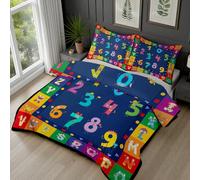 Dyjuaa Lettres Chiffres Housse de Couette 90x190 cm Alphabet Dessin Animé Parure de lit Enfant Géométrique à Carreaux Housse Couette en Microfibre avec Fermeture éclair et 2 Taie d'oreiller 65x65 cm