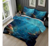 Dyjuaa Monde sous-Marin Housse de Couette 240x260 cm Microfibre Corail Poisson Parure de lit avec Fermeture éclair et 2 Taie d'oreiller 65x65 cm Thème Océan Literie Réversible 3 Pièces