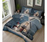 Dyjuaa Noël Housse de Couette 220x240 cm Bonhomme de Neige Dessin Animé Parure de Lit avec Fermeture Éclair Chalet de Noël Housse Couette Microfibre avec 2 Taie d'oreiller 65x65 cm