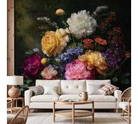 Dyjuaa Papier Peint Fleurs Sombres 300x210 cm Papier Peint Intissé Peinture à l'huile Floral Revetement Mural Pivoine Rose Vintage pour Salon Chambre à Coucher D'Enfant Maison Décoration Murale