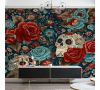 Dyjuaa Papier Peint Panoramique Crâne de Sucre, Papier Peint Intissé 100x70 cm Fleurs Vintage Poster Revetement Mural Jour des Morts Skull pour Salon Chambre Décoration Murale