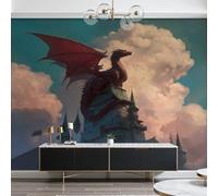 Dyjuaa Papier Peint Panoramique Dragons Fantastiques, Papier Peint Animaux Mythe, Médiéval Château Mural pour Chambre Salon Décoration Murale Papiers Peints 300x210 cm