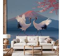 Dyjuaa Papier Peint Panoramique Grue à Couronne Rouge 400x255 cm - Mont Fuji Japonais Wallpaper Décoration Murale Grue Blanche Papiers Peints Tapisserie Décorative pour Chambre Salon