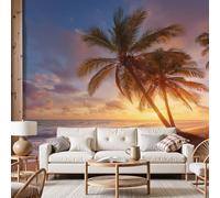 Dyjuaa Papier Peint Panoramique Plage Mer 100x70 cm Papier Peint Intissé Palmier Tropical, Revetement Mural Coucher de Soleil, Moderne Décoration Murale Salon Chambre á Coucherr Bureau Salle