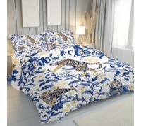 Dyjuaa Parure de lit 200x200 cm 3 Pièces Motif Floral Tigré Housse de Couette Double en Microfibre Bleu et Blanc Oriental Literie avec Fermeture éclair et 2 Taie d'oreiller 65x65 cm