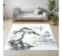 Dyjuaa Peinture à L'encre Chinois Tapis Chambre Lavable en Machine Pin Montagne Oiseau Carpet AntidéRapant Poil Ras Descente de Lit 80x150 cm Tapis Doux pour Salon, Entrée, Couloir, Cuisine
