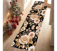 Dyjuaa Rose Fleurs Feuilles d'or Tapis de Couloir 80x300cm Antidérapant Floral Rétro Tapis de Passage Lavable Doux Moquette Long Doux pour Chambre à Coucher Couloirs Salon Cuisine