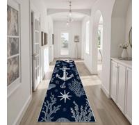 Dyjuaa Thème Nautique Tapis Salon Antidérapant 60x300 cm Ancre Tapis Lavable en Machine, Doux Poil Ras Rug Coquillage Corallien Carpet pour Chambre, Cuisine, Entrée, Couloir, Buanderie