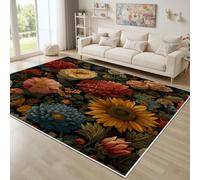 Dyjuaa Tournesol Dahlia Rose Tapis Chambre Lavable en Machine Fleurs Rétro Bohèmes Carpet AntidéRapant Poil Ras Descente de Lit 100x150 cm Fleurs Vintage Moquette Doux pour Salon Entrée Cuisine