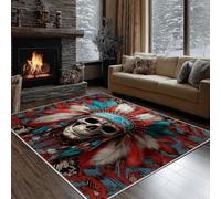 Dyjuaa Tribu Amérindien Western Paillasson Entrée Intérieur 60x90 cm, Crâne Plume Tapis Lavable en Machine Antidérapant Rugs Carpet Poil Ras Doux pour Chien, Cuisine, Porte et Couloir