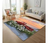 Dyjuaa Vintage Camion Fleur Tapis Salon 160 x 200 cm Océan Coucher de Soleil Tapis Chambre d'enfant Lavable en Machine Antidérapant Carpet Doux Moelleux Poils Ras pour Cuisine, Salle à Manger