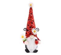 Dylayos Petits nains de coccinelle en peluche - Décoration de printemps et d'été pour la maison, un anniversaire, un nain de printemps - Chapeau rouge à pois avec marguerites, barbe blanche, plateau à