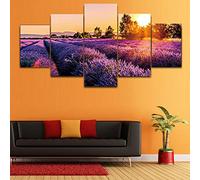 Dyldzzb Impression sur Toile Intissee 5 Pieces, Tableaux Decoration Murale HD Photo Children's Room 5 pièces Provence lavande champ affiches imprime coucher de soleil paysage toile peinture 150*100cm
